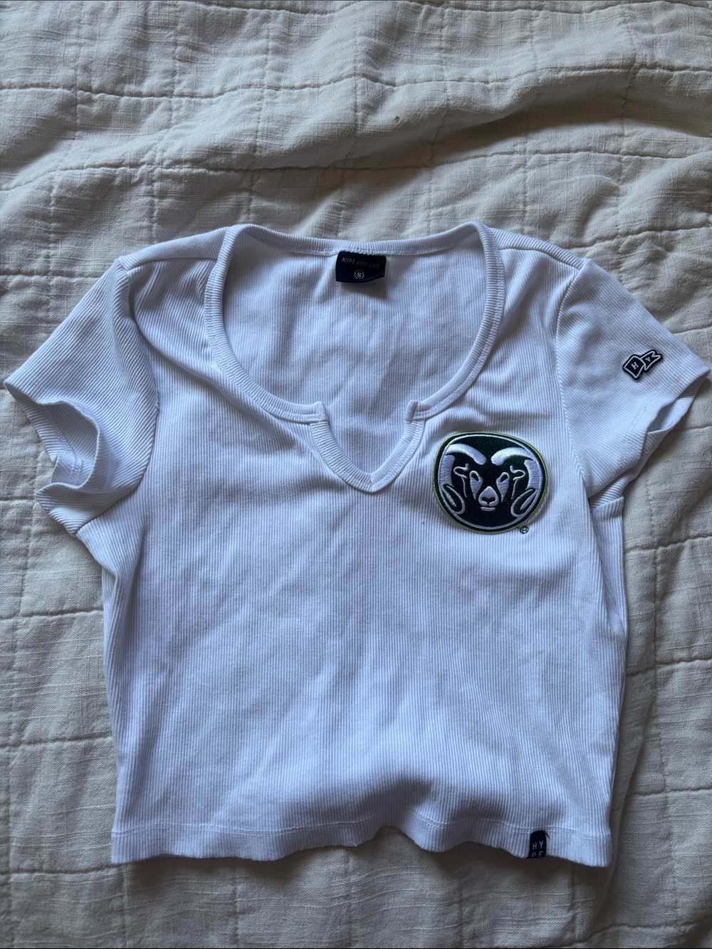 White Ribbed Crop Top with Embroidered Ram Patch